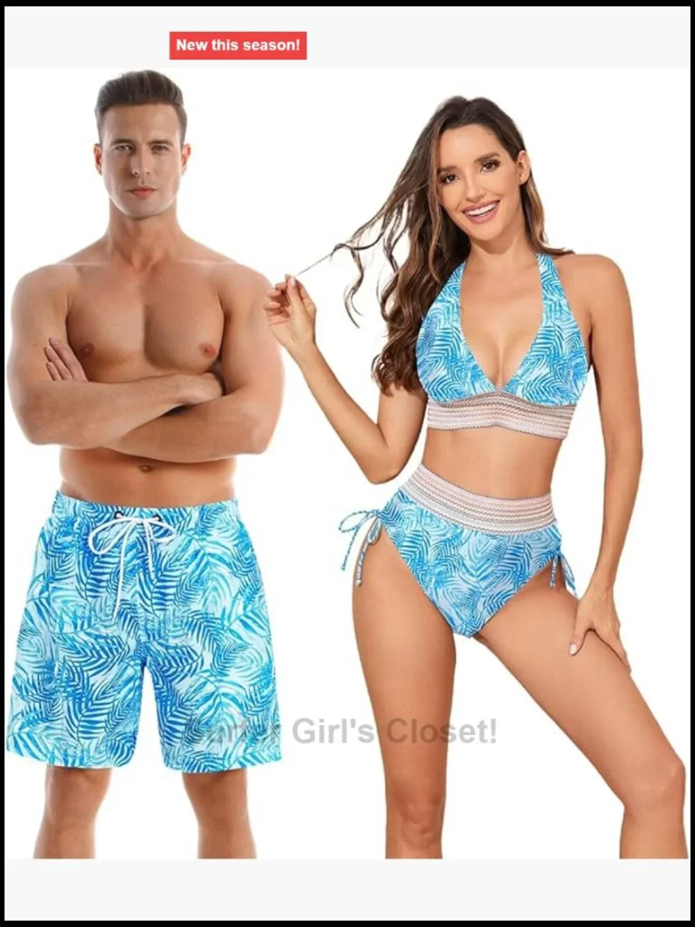 Two Piece Bikini Set for Women with Men's Swim Trunks Matching Couples Swimwear